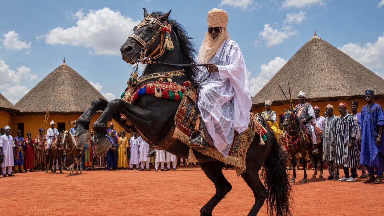 Le souverain à cheval dans la cour du palais, entouré de sa cour.